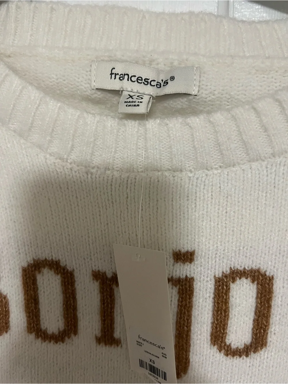 Francesca's Collections Cream 'Bonjour Witches' Crewneck Sweater with Brown Text